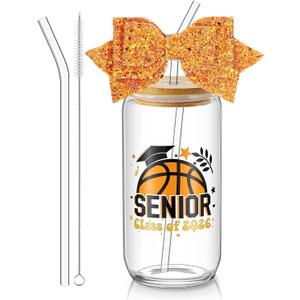 Hushee Class of 2026 Senior Night Gifts 16 oz Glass Water Bottle with Lids Straws Glitter Bow Straw Topper Senior 2026 Tumbler Graduation Gift for Her Women Team Coach Player (Basketball)