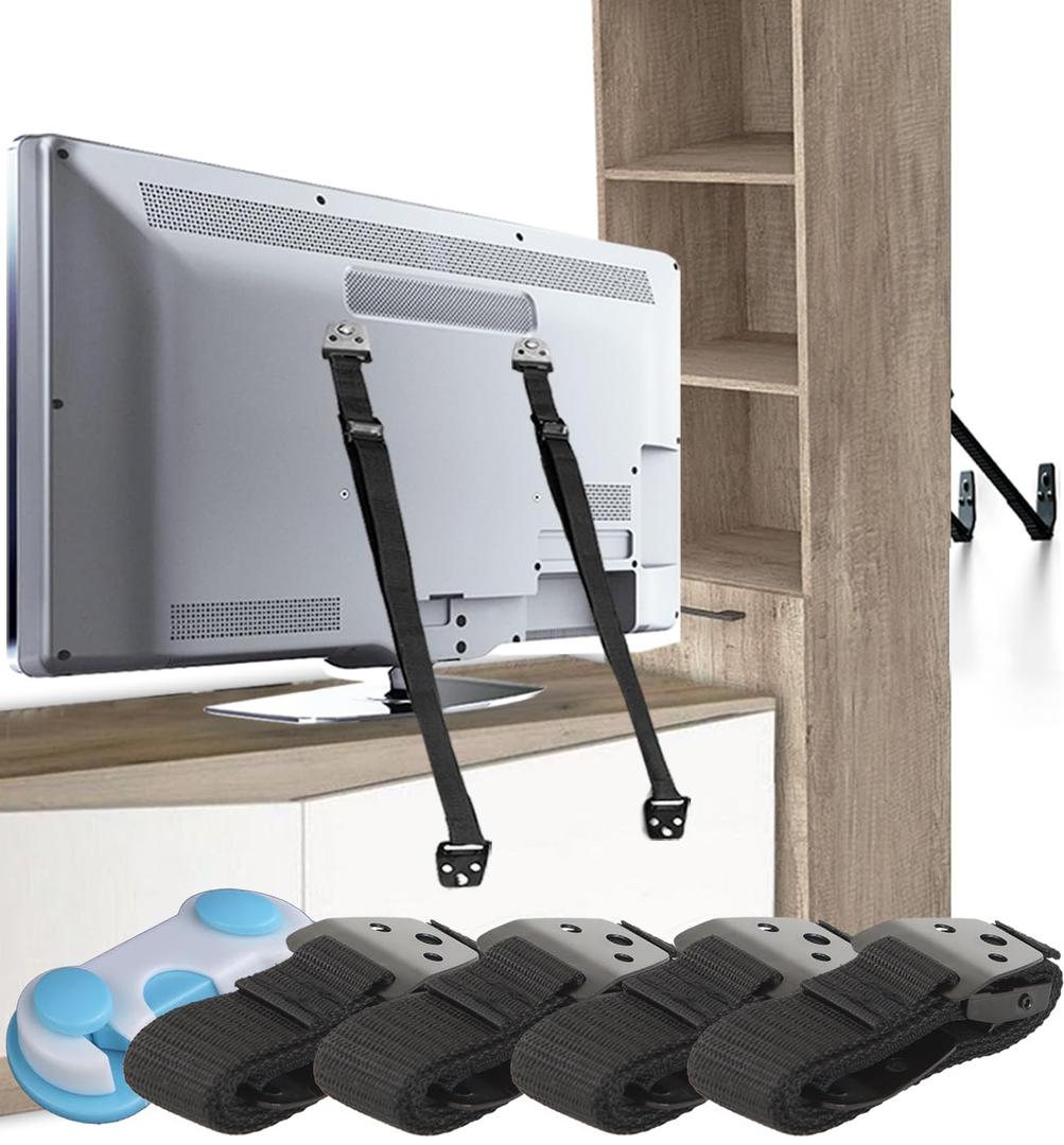 TV Safety Straps 4 Pack+Gift - Metal Furniture Straps for Baby Proofing - TV Straps Safety for Flat Screen - Earthquake Straps for Bookcases - Furniture Anchors Anti Tip Kit