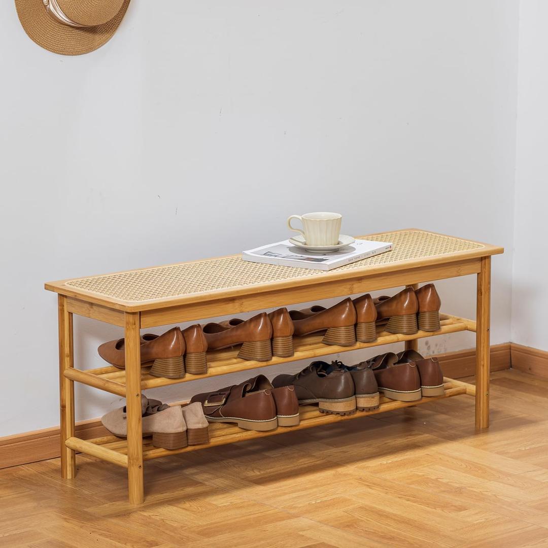 latifolia Shoe Rack Bench, 3-Tier Bamboo Shoe Bench with Breathable Rattan Seat Cushion, Shoe Storage Rack for Entryway(Nautre,39.70''L), 39.37''L