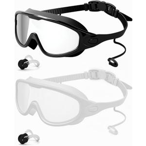 Rantizon Swim Goggles 2 Pack, Wide View Anti Fog&UV Swimming Goggles for Audlt, No Leaking Pool Accessories for Men Women Kid (Large for Adults, Transparent Black & Transparent White)