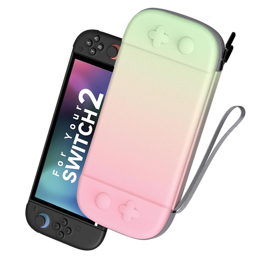 LXFEIFANTECH Slim Carrying Case Compatible with Nintendo Switch 2 2025, Hard Shell Travel Case with 12 Game Card Slots & Screen Protector Mat , Portable Hard Shell Storage Bag, Pink & Green