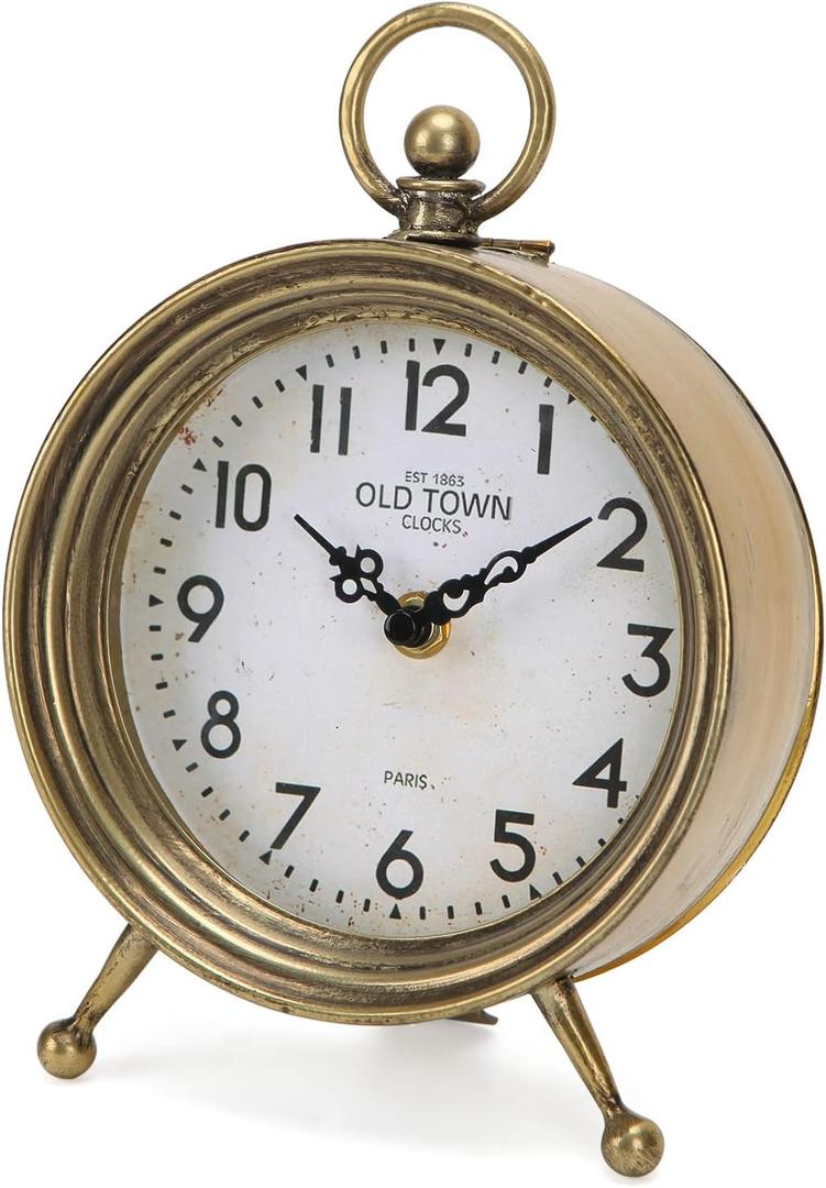 NIKKY HOME Vintage Table Clock, Table Clocks Battery Operated Rustic Design Shelf Clock Rustic Mantel Clocks Non-Ticking, Metal Frame with Antique Gold Finish