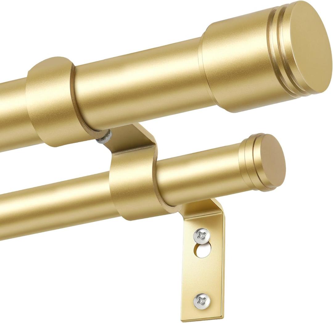 USFOOK 1 Inch Gold Double Curtain Rods for Windows 66 to 120 Inches (5.5 to 10 Ft), Telescopic Dual Curtain Rods with Classic Cap Finial, Double Drapery Rod for Bedroom, Patio