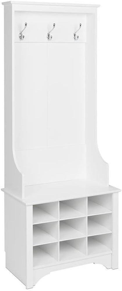 Prepac White Hall Tree, Shoe Cabinet, Storage Cabinet with 9 Shoe Cubbies and 3 Double Coat Hooks 15.5" D x 27" W x 68" H
