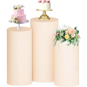 FUHSY Set of 3 Spandex Cylinder Pedestal Stand Covers Beige Stretch Plinth Covers for Party Table Dessert Display Elastic Slipcovers for Metal Cylinder Stands for Birthday Wedding Props Event Decor
