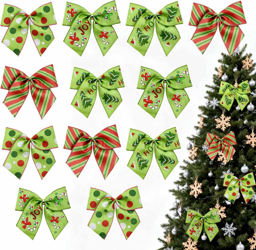 12Pcs Red Green Christmas Bows, 6 Inch Red Green Christmas Tree Bow Ornaments, Xmas Wreath Bow Premade Ribbons Ornaments for Tree Holiday Party Wreath Garland Gift Wrapping