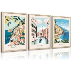 Italy Amalfi Coast Wall Art Italian City Canvas Wall Decor Italy Travel Landscape Wall Art Posters Blue Venice Beach Painting Pictures Italian Modern Artwork for Home 16x24 Inch Wood Framed Set of 3