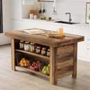 LITTLE TREE 55 Inches Kitchen Island with Storage, 3-Tier Farmhouse Wooden Stationary Island Table with Large Worktop & Leg Room, Modern Coffee Bar Table with Storage Shelf for Kitchen, Rustic Brown