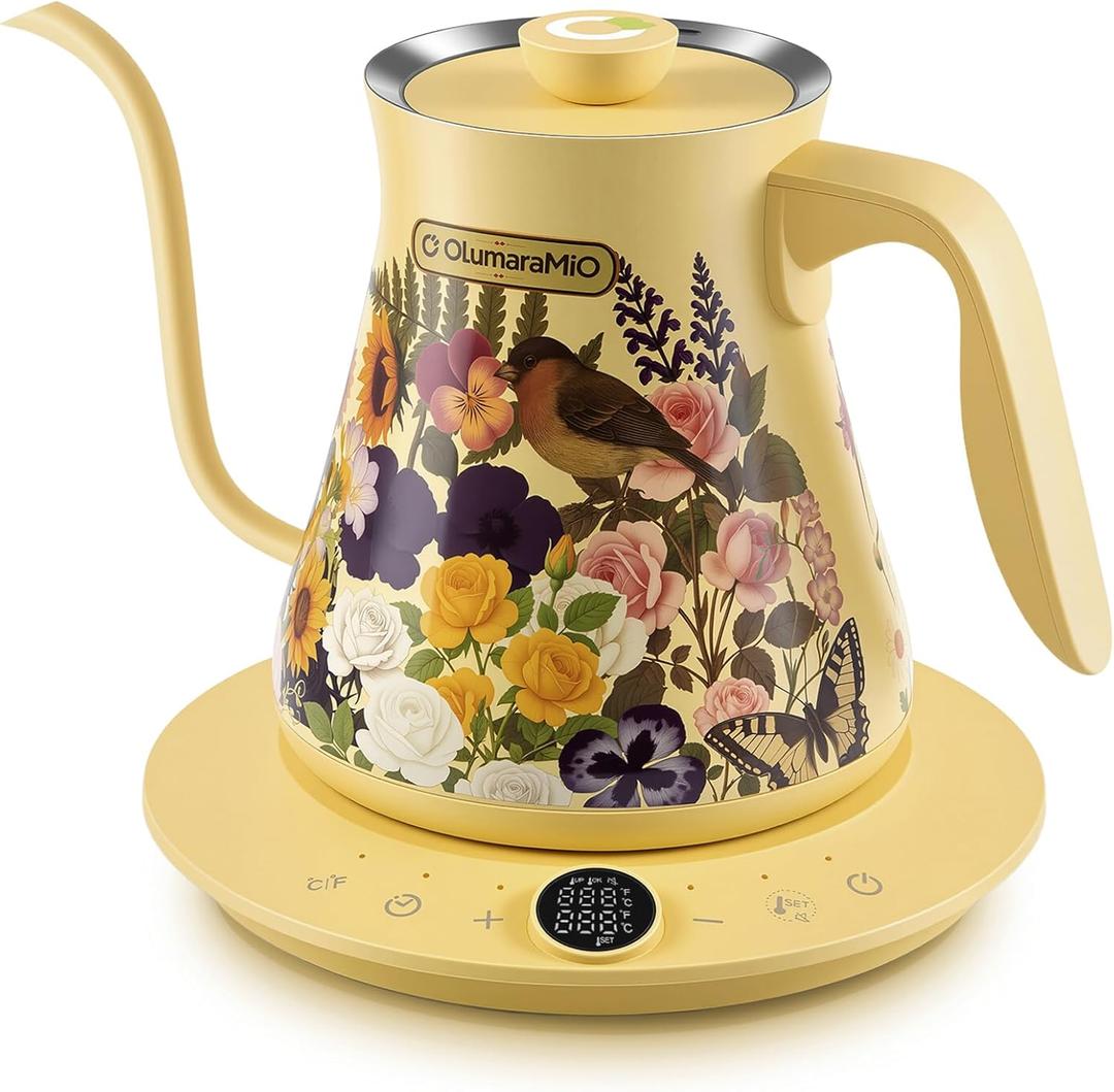 Olumaramio 0.8L/27oz Gooseneck Electric Kettle - 1 Precise Temperature Control for Pour Over Coffee & Tea, 1200W Fast Heating, Auto Shut-Off, Built-in Brew Timer, BPA-Free Stainless Steel, Floral