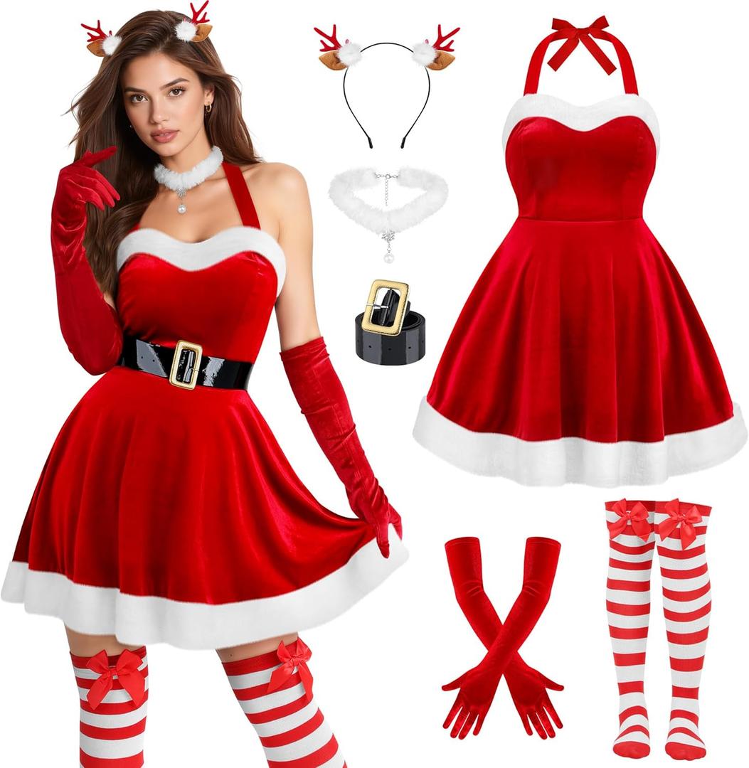 SOMSOC 6 Pack Women Santa Claus Costume Red Velvet Halter Neck Dress with Belt Gloves Stockings for Christmas Parties (Medium)