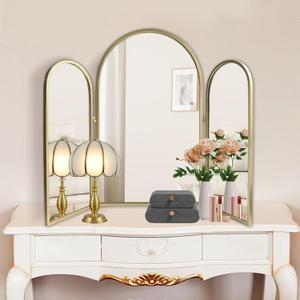 BAODANFU Trifold Vanity Mirrors 3 Way, 30 x 37in Adjustable Vanity Mirrors for Bathroom, Bedroom, Champaign Golden Arch Mirrors Wall Mounted Decoration, Braiding Hair, Makeup 360 Way