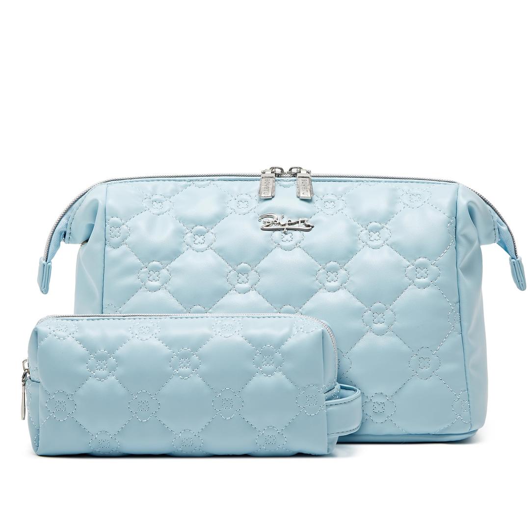 BOYATU Travel Makeup Bag Cosmetic Pouch: 2 Pcs Set Waterproof Vegan Leather Cosmetic Bags for Women - Cute Quilted Skincare Make up Toiletry Bag for Girl (04-Blue)
