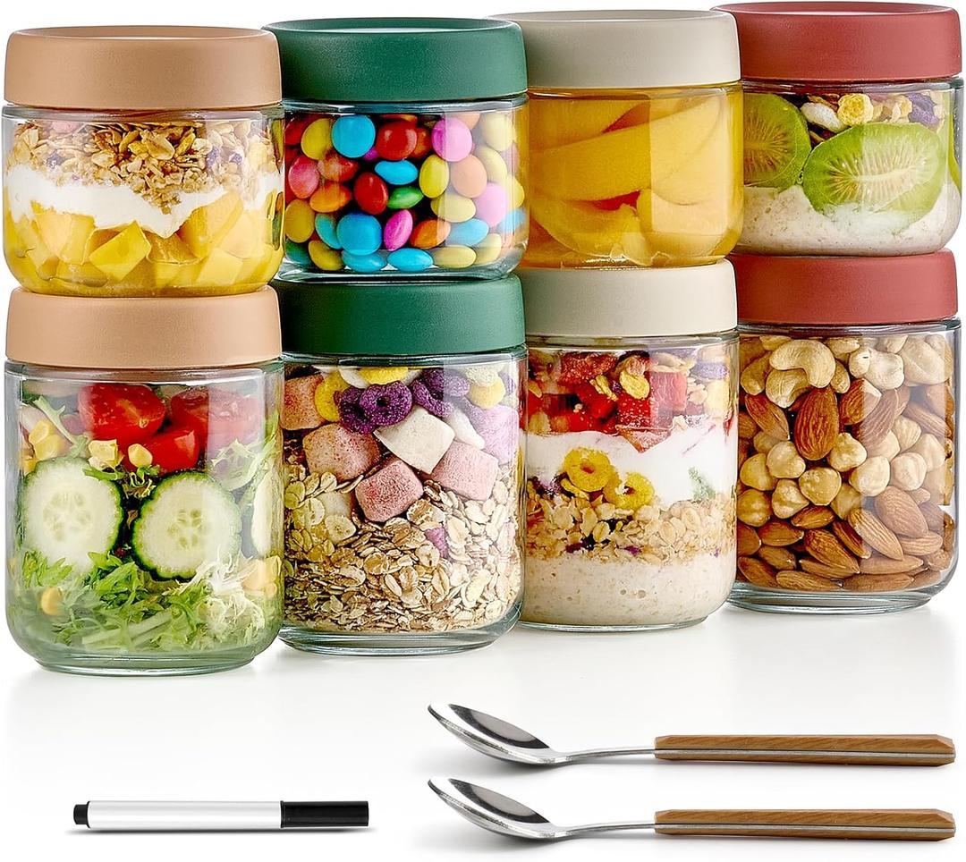 Qipecedm 8 Pack Overnight Oats Containers with Lids, Large & Small Glass Mason Jars 16oz & 10 oz, Breakfast Oatmeal Container to Go, Salad Meal Prep Jars for Food Storage, Mush Chia Seed Pudding Jars