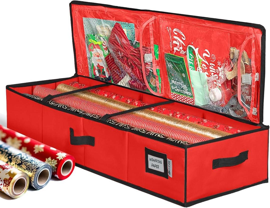 HOLDN STORAGE Premium Wrapping Paper Storage Container - Durable 600D Tear-Proof, Fits 27 Rolls Gift Wrap, Extra Pockets for Ribbons & Bows, Underbed Storage - Ideal for Holiday Christmas, Red