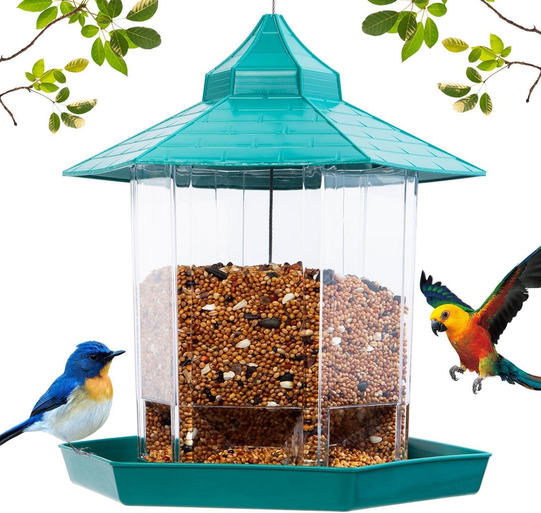 Hexagon House Bird Feeder - Squirrel Proof & 1000ml Large Capacity, Auto-Dispense Seed for Cardinals/Finches, Outdoor Hanging with Drain Holes (one Green)