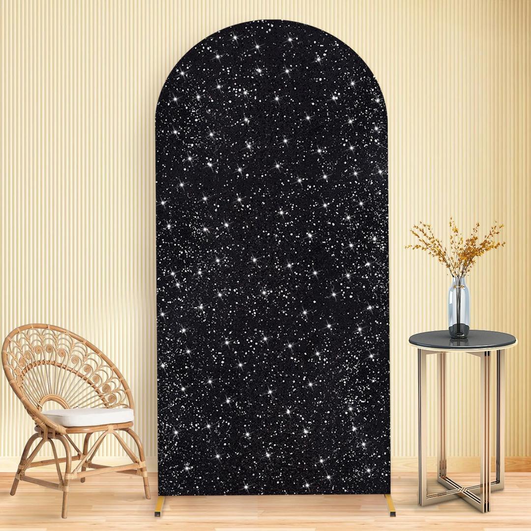 MODFUNS Black Glitter Wedding Arch Cover 7.2 FT Spandex Sequin Arch Covers Stretchy Backdrop Sequin Arch Cover Backdrop Fabric Glitter Arch Cover Glitter for Graduation Celebration Party Decor