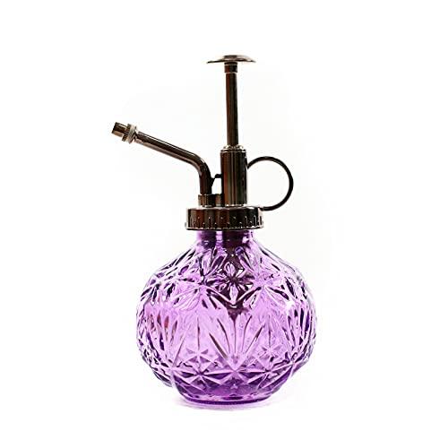 Hniuyun Glass Plant Mister Spray Bottle, 6.5inch Tall Vintage Round Spritzer with Bronze Plastic Top Pump for Watering Your Garden (Purple)