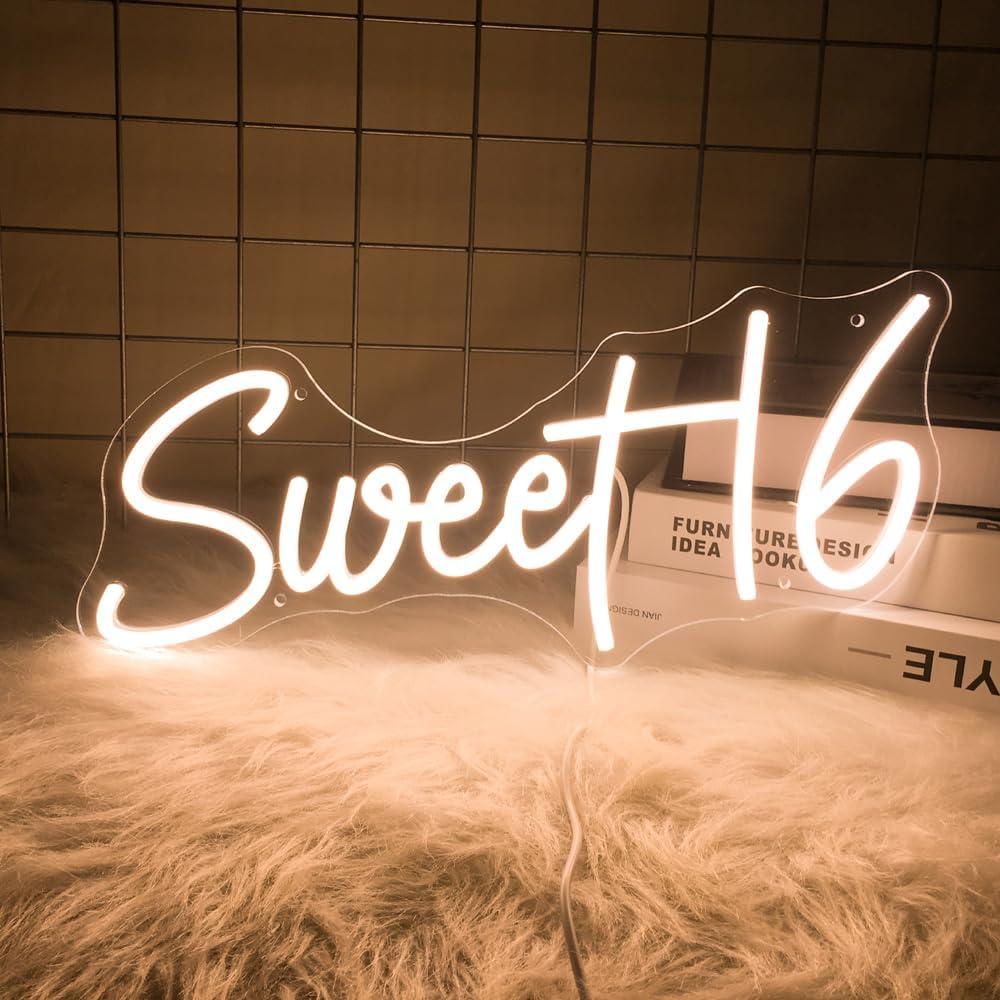 16.8 Inch Sweet 16 Neon Sign, USB Powered with Dimmer Switch 16th Birthday Party Sign, Sweet Sixteen Party Supplies, Happy 16th Birthday Decorations for Girls (Warm white)