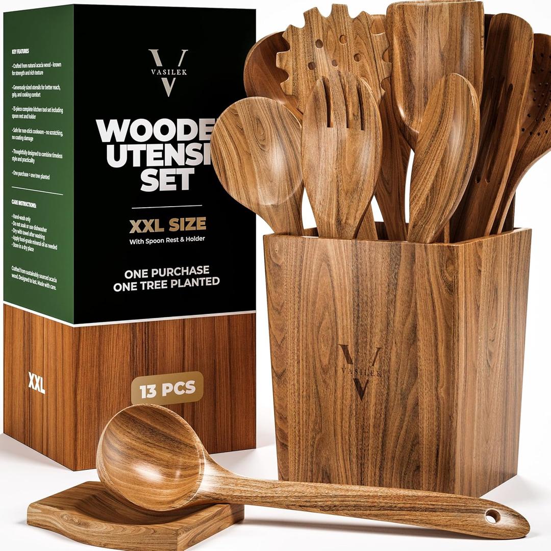 Vasilek Wooden Utensil Set XXL  13 Piece Acacia Wood Cooking Tools with Square Holder for Nonstick Cookware with Holder & Spoon Rest  Wooden Spoons for Cooking, Spatula, Spurtle