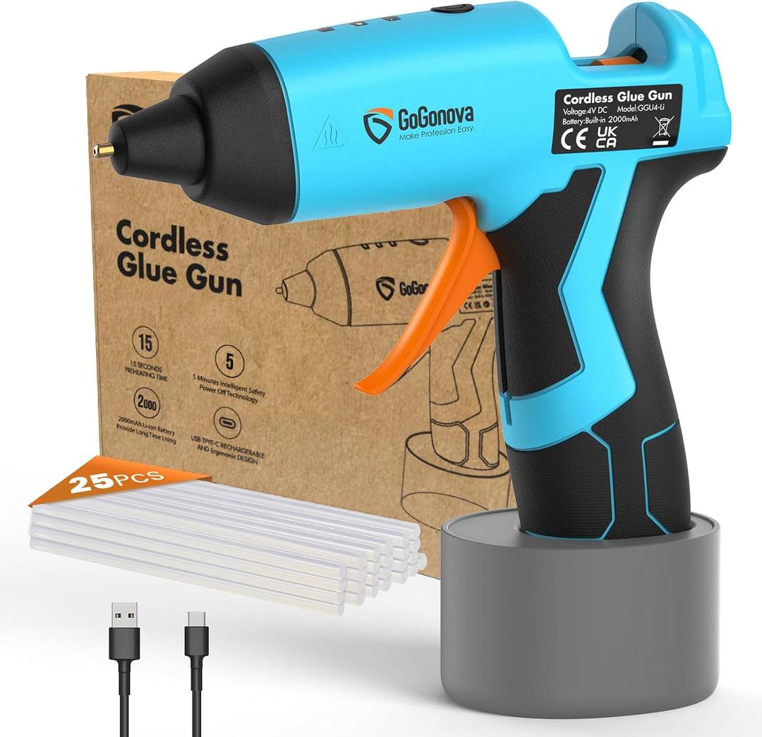 GoGonova Cordless Hot Glue Gun, 15s Fast Preheating with 2Ah Built-in Battery Hot Melt Glue Gun, Smart Power-Off, Kit with 25 Pcs Premium Mini Glue Sticks and USB-C Charging Port (Blue)