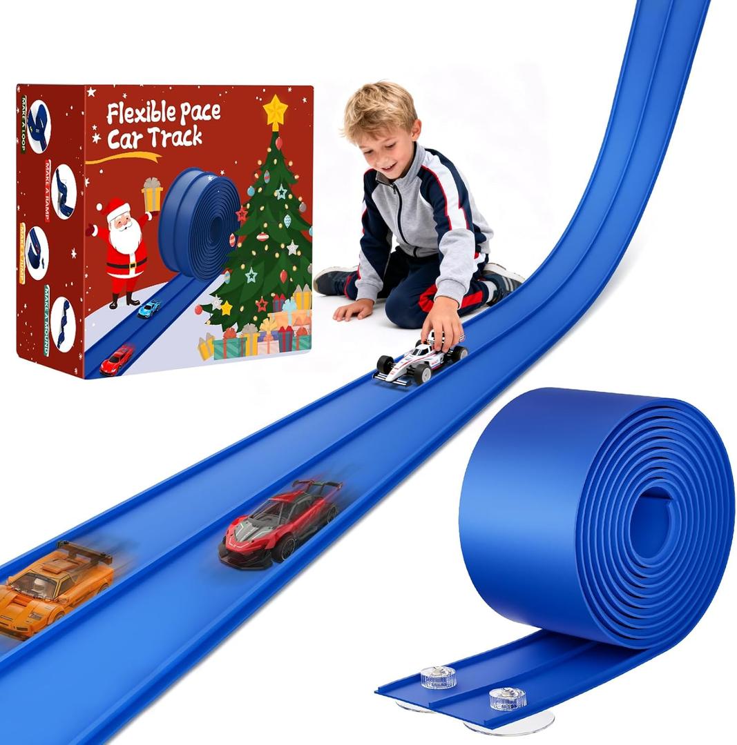 Flexible Race Track for Kids 15ft Race Car Track, Rolls Up Portable Racetrack Compatible with Hot Wheels & Diecast 1/64th Cars,2025 Christmas Birthday Gift, (2 Lane Tracks - Blue)