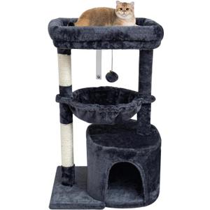 SYANDLVY Small Cat Tree for Indoor Cats, Cat Tower with Scratching Post, Modern Cat House with Padded Perch, Kittens Condo with Cradle, Smoky (29.6")