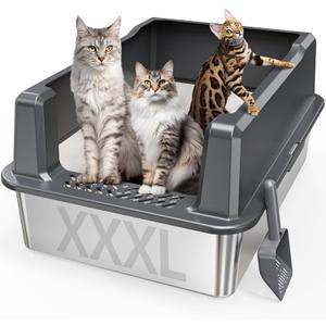 Extra Large XXL Stainless Steel Cat Litter Box with Lid, 26" L x 18" W x 12" H Metal Litter Box with Hight Sides for Big Cats & Multiple Cats, Never Absorbs Odors, Anti-Urine Leakage, Easy Cleaning (Dark Gray)