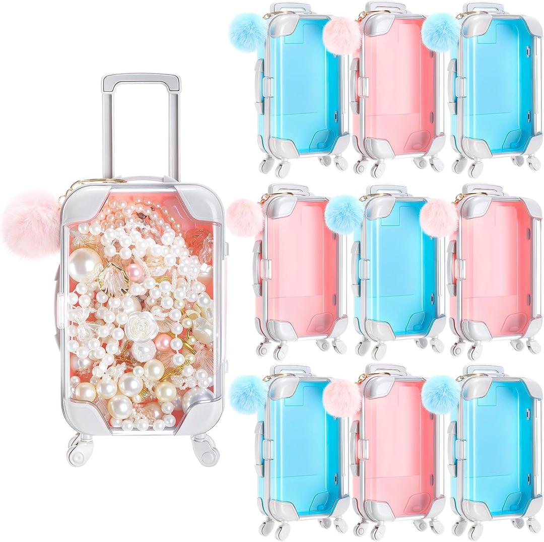 VioraWhite 10 Pcs Mini Suitcase Empty Storage Box and Plush Ball Keychain Candy Luggage Containers Packaging Case for Bridal Shower Baby Shower Party Favors Travel Gifts (Pink,Blue)