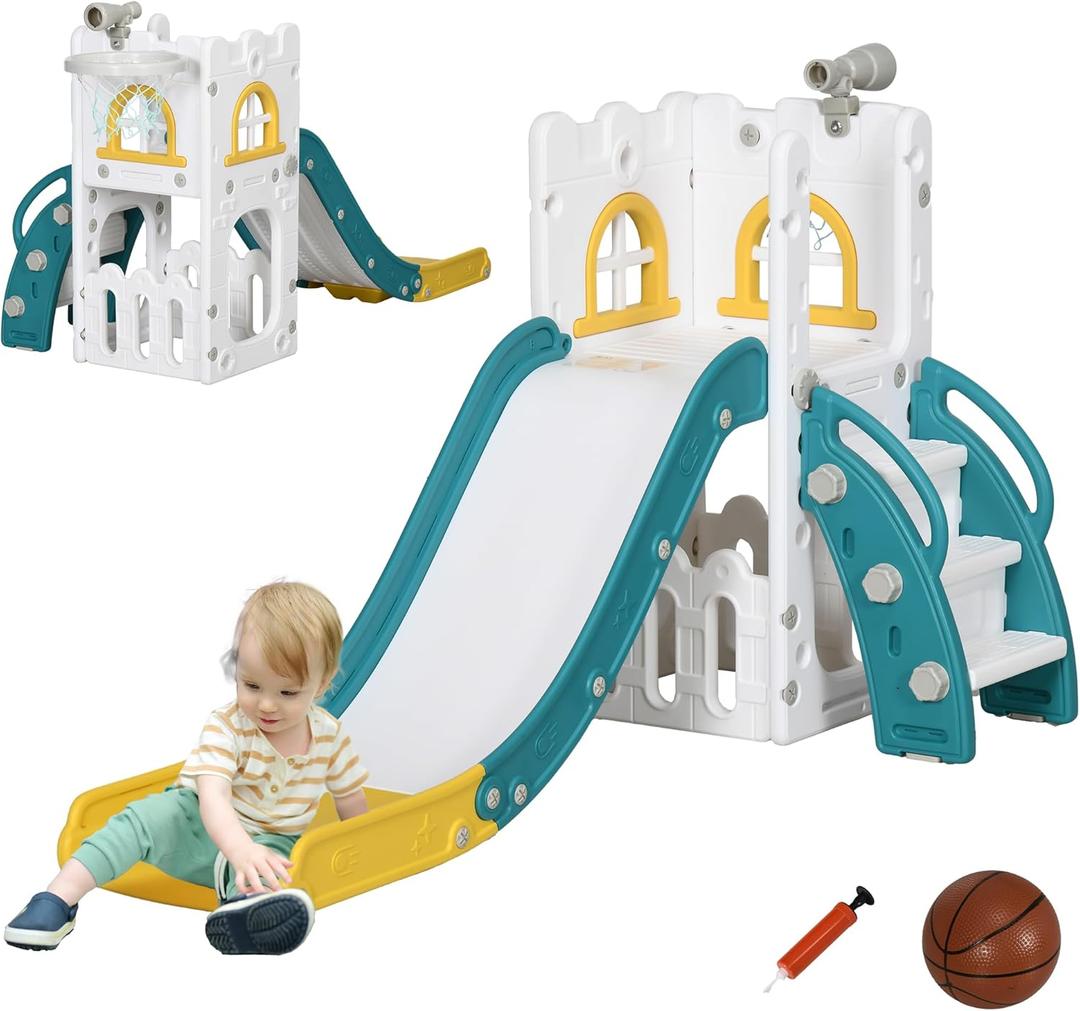 Qaba 5 in 1 Toddler Slide, Indoor Kids Slide for 1-3 Years Old, Climber Freestanding Playset with Basketball Hoop, Telescope & Storage Basket, Yellow