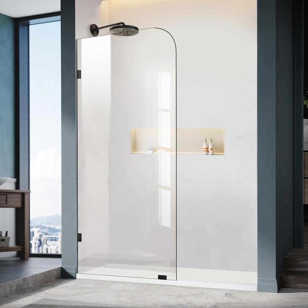 Frameless Shower Door, 36" W 78" H Fixed Shower Glass Panel with Clamps, 3/8" (10mm) Glass Shower Doors, Clear Tempered Bathroom Shower Screen in Matte Black