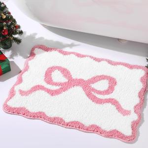 Tinideya Pink Bow Bathroom Rug 16" x 24" Scalloped Bow Bath Mat Non Slip Coquette Rug Cute Aesthetic Carpet Preppy Room Decor Microfiber Absorbent Bathroom Mat for Valentines Bathtub Shower Bedroom