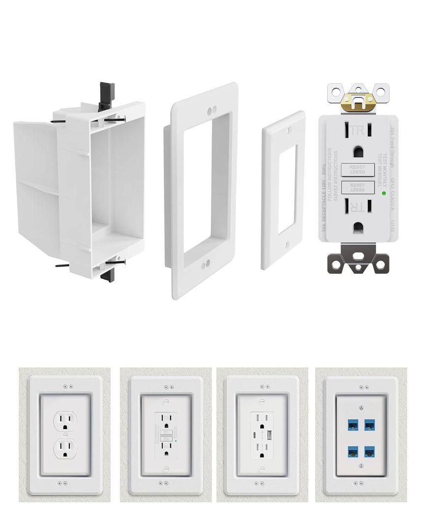 Recessed Outlet Box with GFCI Electrical Outlet, DVFR1W-1 Recessed Electrical Box for Wall Mount TV, 15Amp, Tamper Resistant, UL Listed, Self-Test, Suitable for Various Outlets, 1 Gang