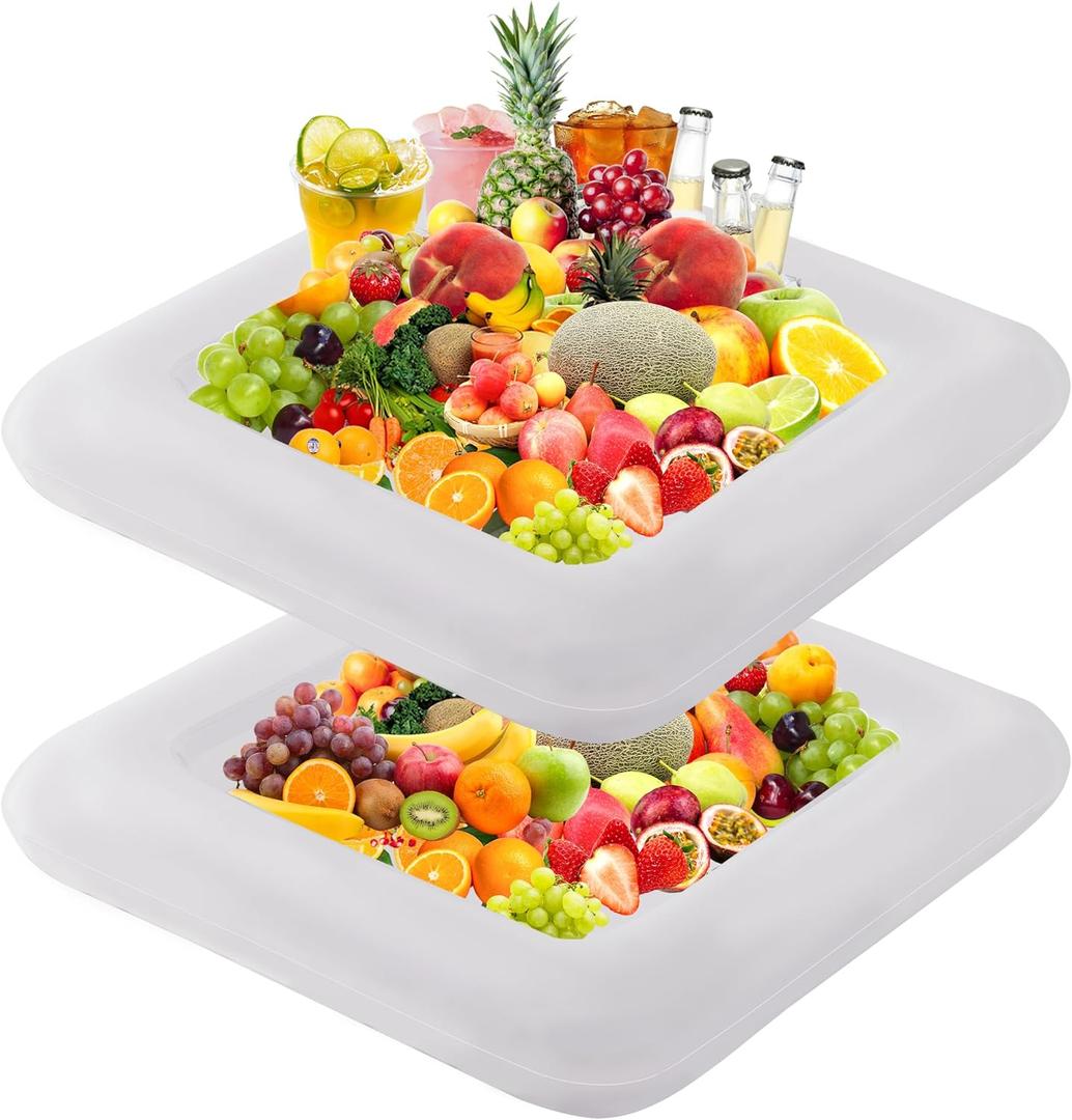 RAYMEA Inflatable Ice Serving Bar 2 PCS, Portable Salad Ice Tray Food Drink Pool Containers Inflatable Cooler for Summer Parties, BBQ, Graduation, Camping or Picnic (24 Inch White)