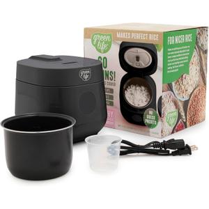 GreenLife Digital Rice Cooker, 2-Cups Uncooked/4-Cups Cooked, Removable Nonstick Ceramic PFAS-Free Pot, One-Touch Presets, Oats, Quinoa, Brown Rice, Auto Keep Warm, Fuzzy Logic Tech, 1.5 QT, Black