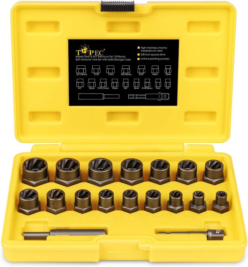 Topec Stripped Bolt Extractor Kit, 18-Piece Bolt Extractor Socket Set, 3/8" Drive Rounded Nut Remover Set for Broken, Rusted Fasteners