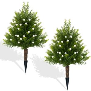 21" Artificial Bushes with White Berries, 2 Pack Cedar Topiary Shrubs Artificial Outdoor Plants with Ground Stakes, UV Resistant Faux Outdoor Plants for Front Porch,Garden,Backyard,Room Decor