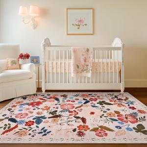 Boho Floral Area Rugs 5x7 Soft Washable Stain Resistant Indoor Floor Carpet Rug Vintage Beige Low Pile Non Slip Rug Spring Farmhouse for Living Room Bedroom Dining Room Playroom Nursery Family Room (Baby Pink)