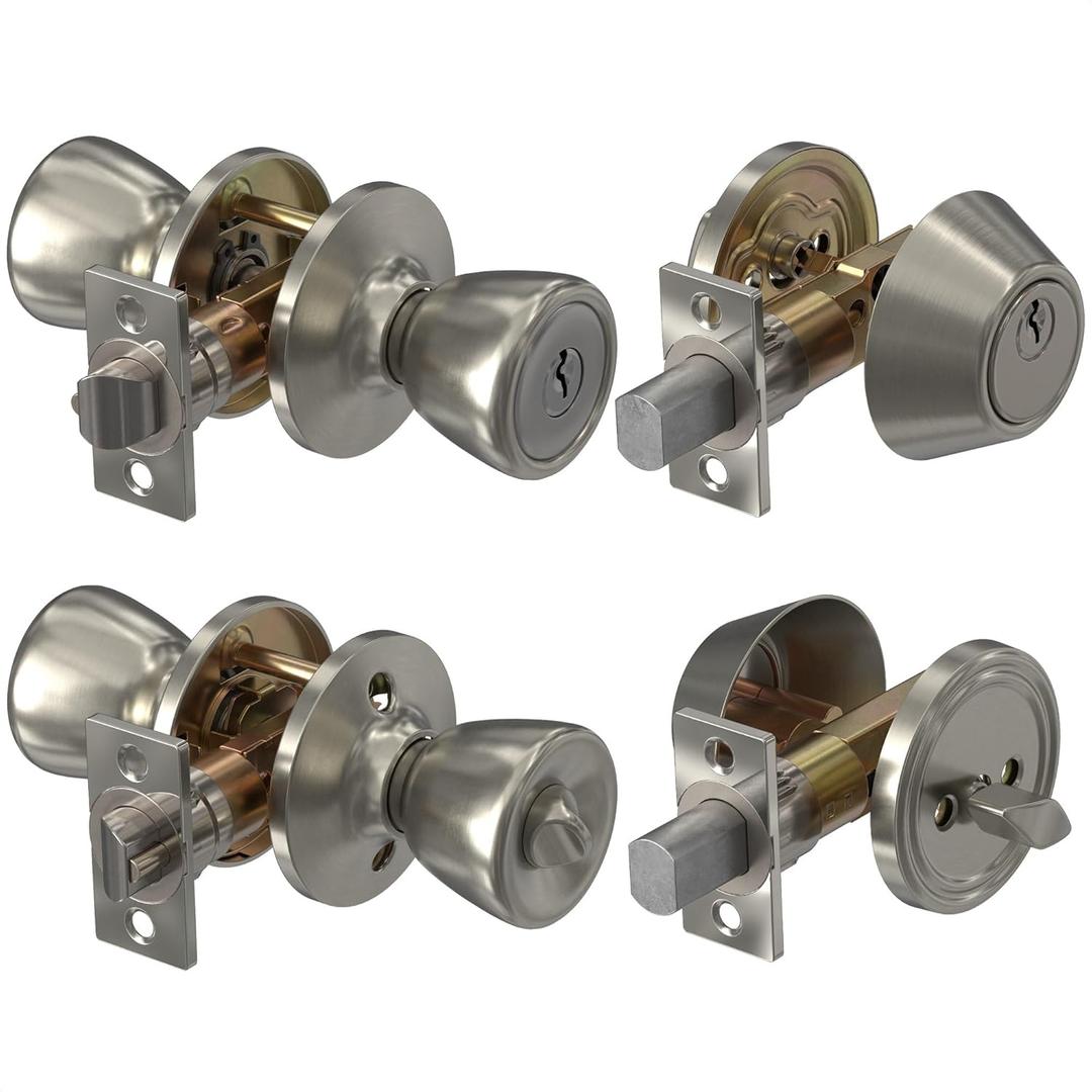 Mobile Home Door Knobs with Deadbolt  Exterior Front Door Lock Set of 2 for Thin 1.4"1.8" Doors  Rust-Proof 304 Stainless Steel, Keyed Entry Knob, Reversible Handing, Adjustable Backset, DIY Kit (Silver)