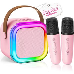 Mini Karaoke Machine for Kids Girls Boys - Birthday Gifts for Ages 4 5 6 7 8+ Year Old - Portable Bluetooth Speaker with 2 Wireless Microphone - Kids' Instrument Accessories - Pink