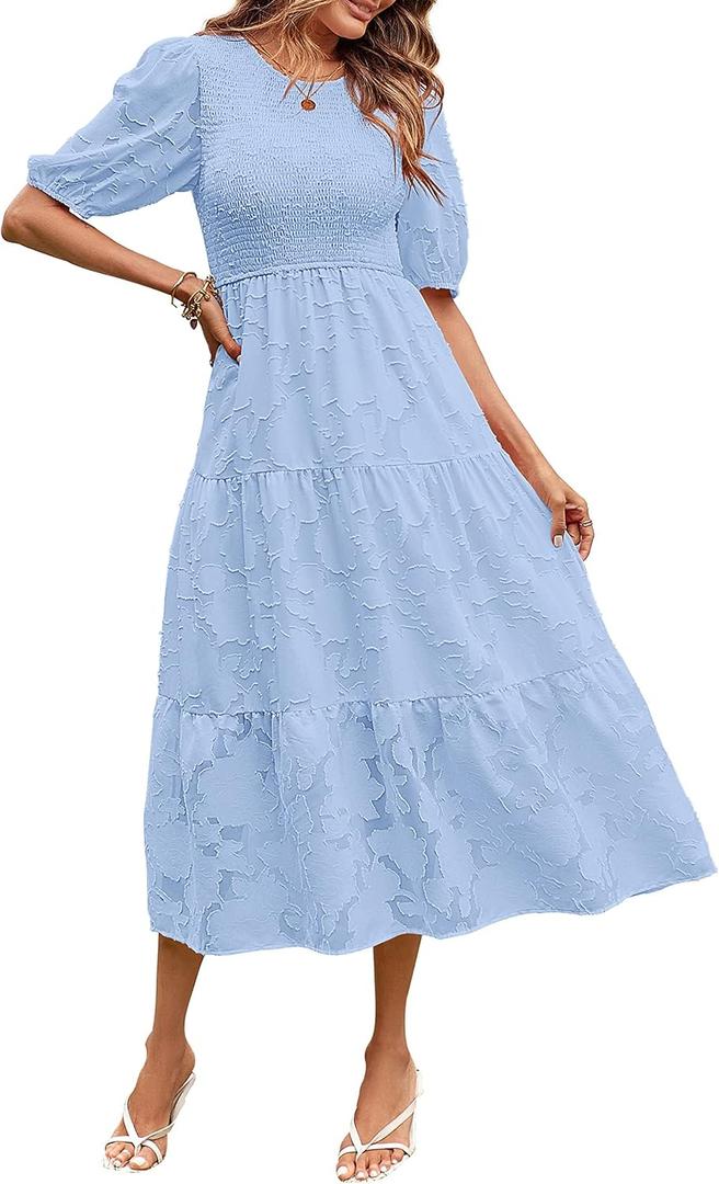 MEROKEETY Women's 2025 Summer Puff Sleeve Smocked Floral Dress Crewneck Lace Flowy Tiered Midi Dresses (Blue, M)