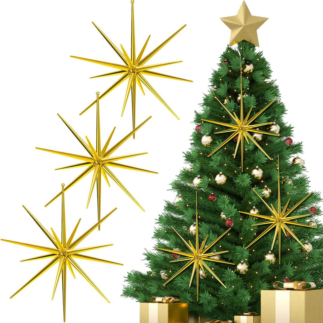 Syhood 6 Pcs Glitter Starburst Star New Year Ornaments 8 Inch Exploding Glitter Starburst Bethlehem Star Hanging Tree Ornaments Tabletop 3D Decor New Year Holiday Party(Gold,Bright)