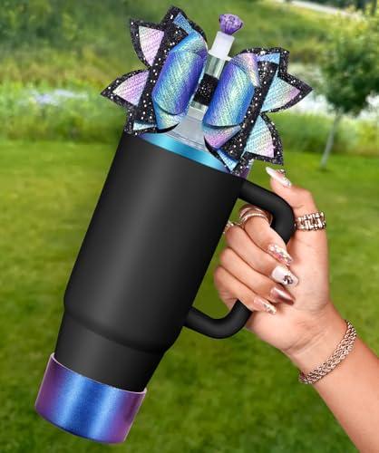2 x Toykee Bow Straw Topper with Cup Bootfor Stanley 40 30 oz - Bling Black Purple Bow and Diamond Cover Caps with Bottom Protector 3 PCS Sets for Tumbler Accessories