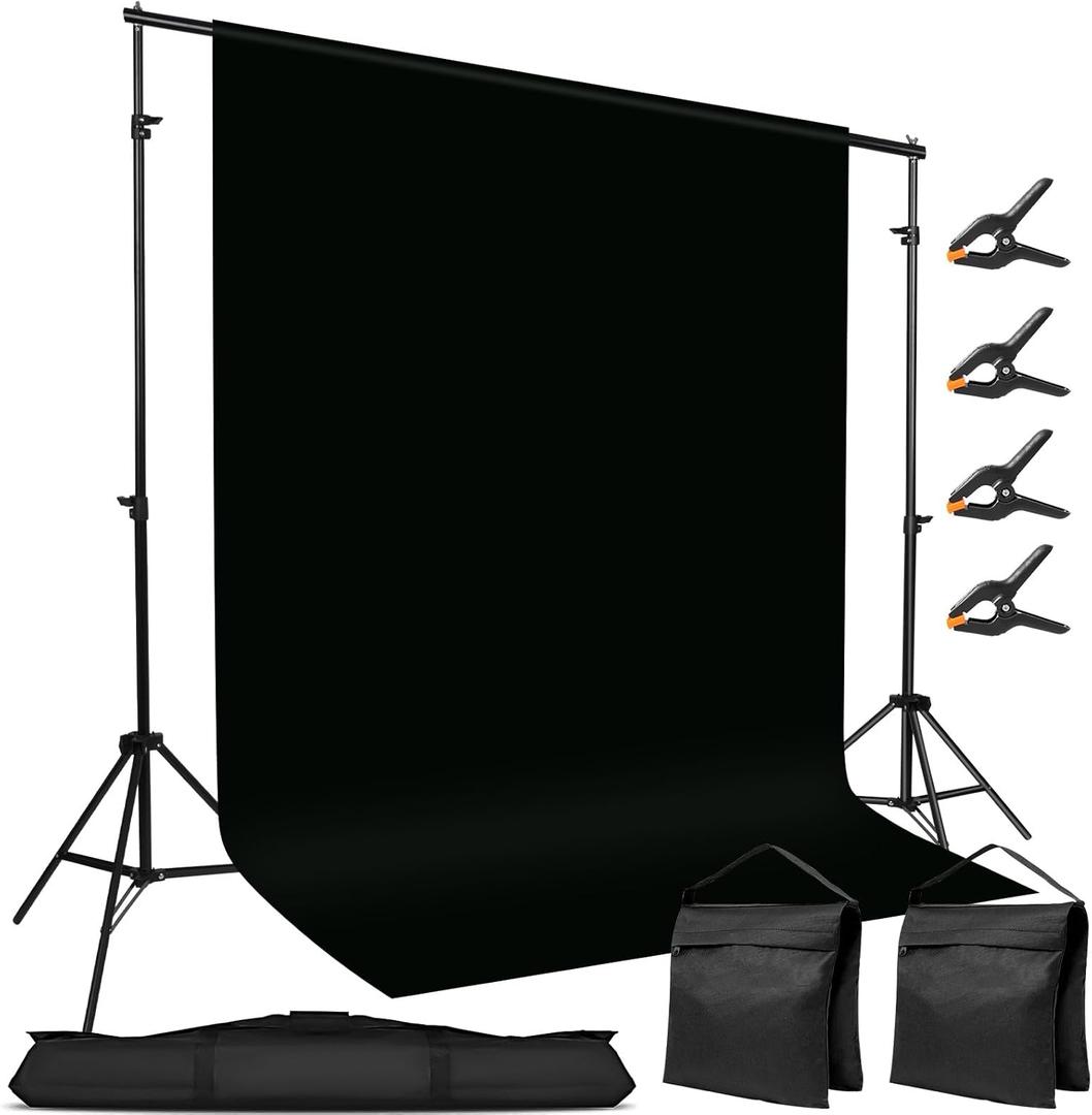 10x7ft Adjustable Photography Backdrop Stand Kit  Photo Studio Background Support with 4 Crossbars, 4 Clamps, 2 Sandbags (with 10 * 7 Feet Black Backdrop Curtain)
