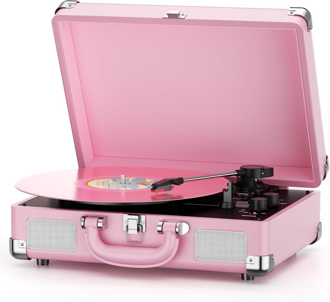 Vinyl Record Player 3-Speed Bluetooth Suitcase Portable Belt-Driven Record Player with Built-in Speakers RCA Line Out AUX in Headphone Jack Vintage Turntable,Pink
