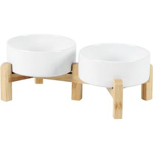 Ceramic Adjustable Raised Double Bowls Set with Stand, 2 Heights Elevated, Food & Water Bowls for Toy Breed Dogs, Cats, Kitty, Weighted Dog Dishes, Pet Bowls(5.1'',13.5OZ, White)