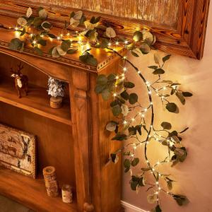 Birchlitland Decorative Garland Lights 6FT 96 LED Fairy Lights, Lighted Eucalyptus Twig Garlands with Timer Battery Operated for Bedroom Stairs Party and Holiday Decor Indoor Outdoor Eucalyptus garland