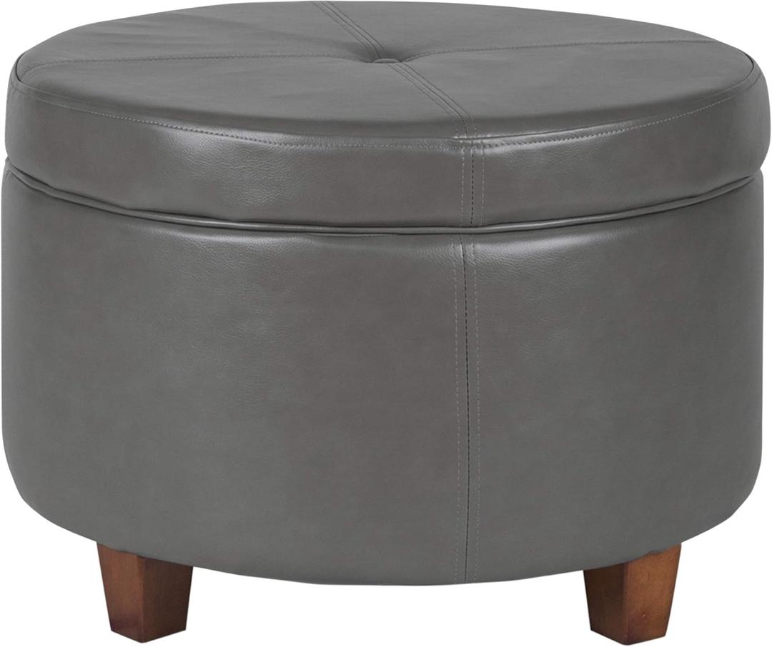 HomePop Round Leatherette Storage Ottoman with Lid, Charcoal Grey Large (Gray Faux Leather)