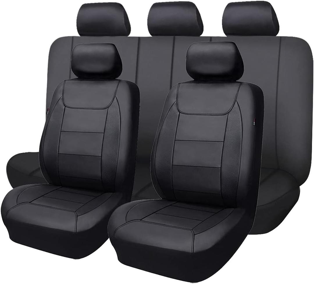 Flying Banner car seat Covers Protects Water Proof Faux Leather Carbon Fiber Front and Rear Bench (Black Black, Full Set - 9PCS) (Full Set -- 9PCS, Solid Black)