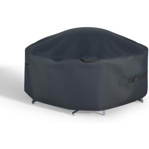 XCZ Round Patio Furniture Cover with Built-In Air Cushion, Heavy-Duty 420D Waterproof Oxford Fabric, Fits 48-68 Inch Outdoor Tables & Chairs, Includes Pump & Straps, Black (74x74x28in)