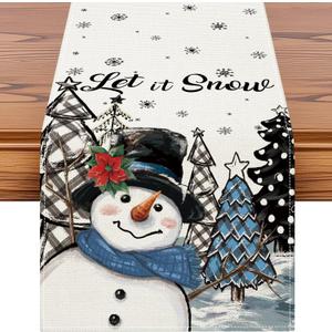 Artscope Snowman Christmas Tree Table Runner, Let It Snow Xmas Winter Snowflakes Holiday Kitchen Dining Table Decoration for Christmas Home Party Decor 13x90 Inch-Blue